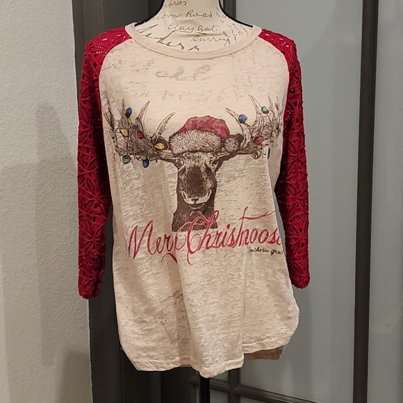 Southern Grace Tops - Merry Christmas Cream Burnout T Reindeer + Lights